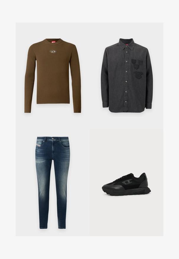 Brun ribbet langærmet top med rund hals og et logopatch på brystet. Teksturen er glat og tætsiddende, lavet af strækbart materiale.; Sort denimskjorte med knaplukning foran, lange ærmer, krave og tre broderede mærker på venstre bryst. Struktureret stof.; Mørkeblå denimjeans med slim fit, der har en falmet vask, let slid, og klassisk fem-lomme-design.; Sort lavt snøresko med struktureret sål, mesh- og læderoverdel, snørebånd foran og et lille præget logo på sidepanelet.