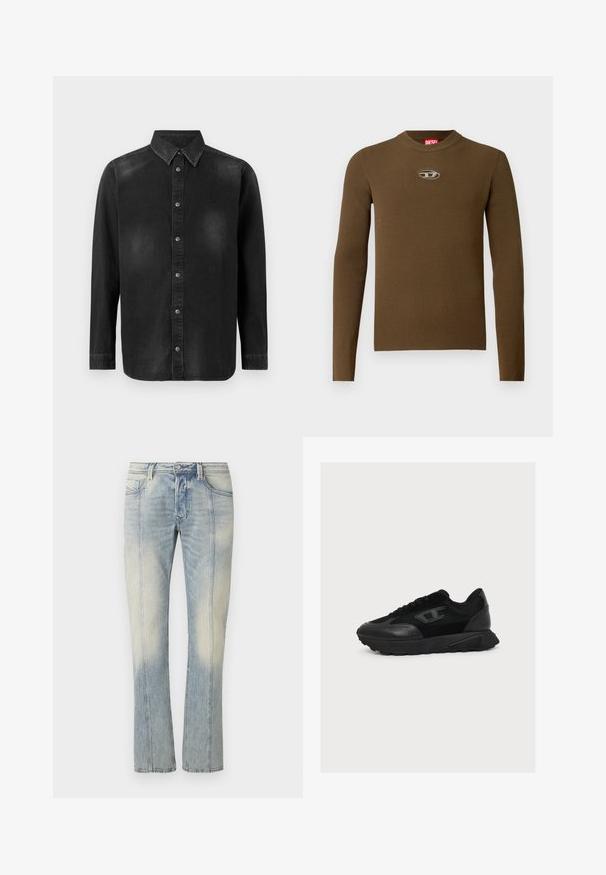 Braunes, geripptes Langarmshirt mit Rundhalsausschnitt und einem Logopatch auf der Brust. Die Textur ist glatt und figurbetont, gefertigt aus dehnbarem Material.; Schwarze Denim-Hemd mit Button-Down-Kragen, langen Ärmeln und einer vorderen Knopfleiste. Verfügt über dezente Verblassungen und eine taillierte Passform.; Hellblaue Jeans aus Denim mit geradem Bein, doppelt abgesteppten Nähten, Fronttaschen und einem verwaschenen Finish. Kein sichtbares Markenzeichen.; Schwarzer Low-Top-Sneaker mit Obermaterial aus gemischtem Mesh und Leder, Schnürverschluss und strukturierter Sohle, im rechten Seitenprofil auf weißem Hintergrund gezeigt.