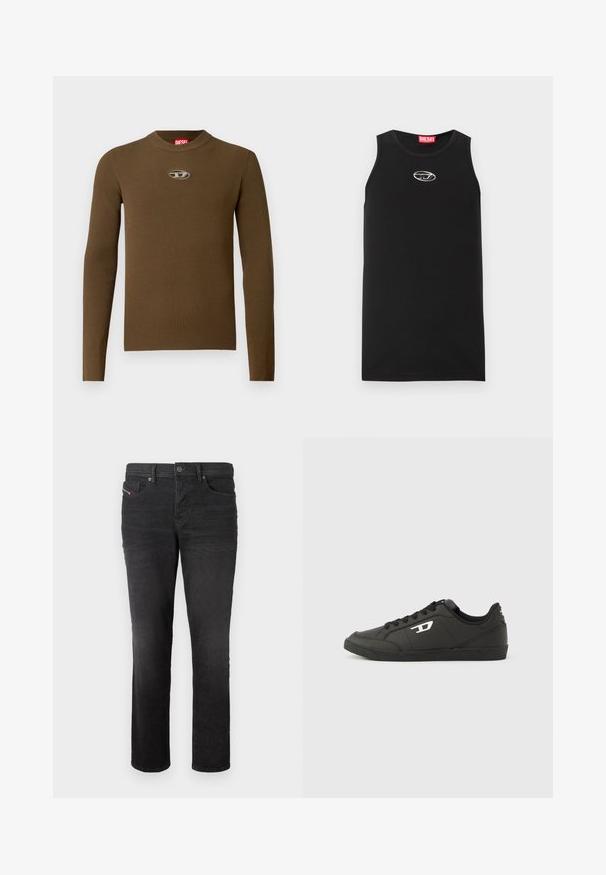 Brun ribbet langærmet top med rund hals og et logopatch på brystet. Teksturen er glat og tætsiddende, lavet af strækbart materiale.; Sort ærmeløs tanktop lavet af bomuld. Har en rund halsudskæring og en lille hvid Diesel-logo på brystet. Glat tekstur.; Sorte denim jeans med lige ben, der har fem lommer, en knappelukning og subtile syninger foran.; Sorte syntetiske sneakers med en struktureret sort sål, rund tå og flade sorte snørebånd. Fremtrædende hvidt logo på ydersiden.