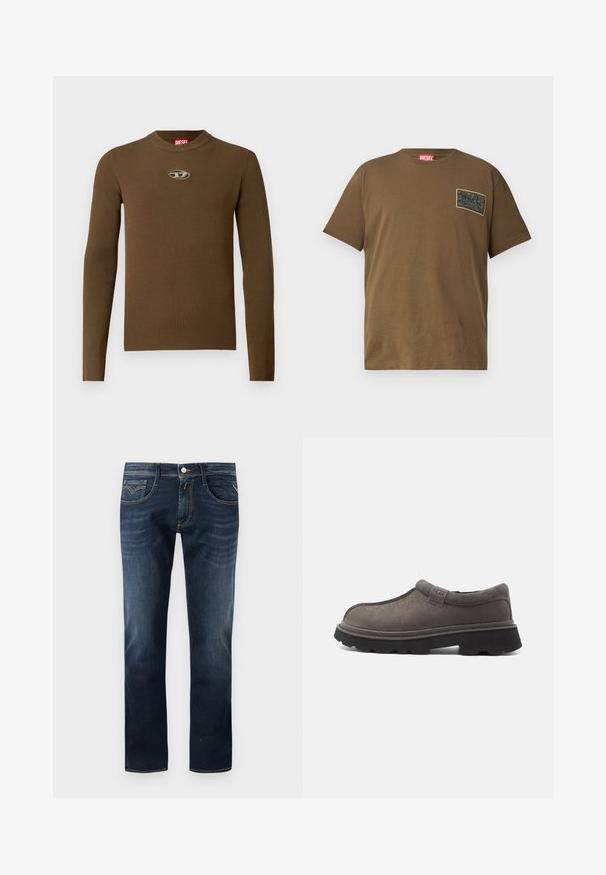 Bruine geribbelde longsleeve top met een ronde hals en een logo patch op de borst. De textuur is glad en aansluitend, gemaakt van rekbaar materiaal.; Bruine katoenen t-shirt met ronde hals, voorzien van een zwart grafisch patch op de linkerborst. Korte mouwen en een rechte zoom.; Donkerblauwe denim jeans met een klassieke rechte pijp, voorzien van vijf zakken, een knoopsluiting aan de voorkant en subtiele stikdetails.; Grijze instapschoen met een gestructureerd bovenwerk, voorzien van een gladde neus, een rubberen zool en een subtiel logo-accent aan de zijkant.