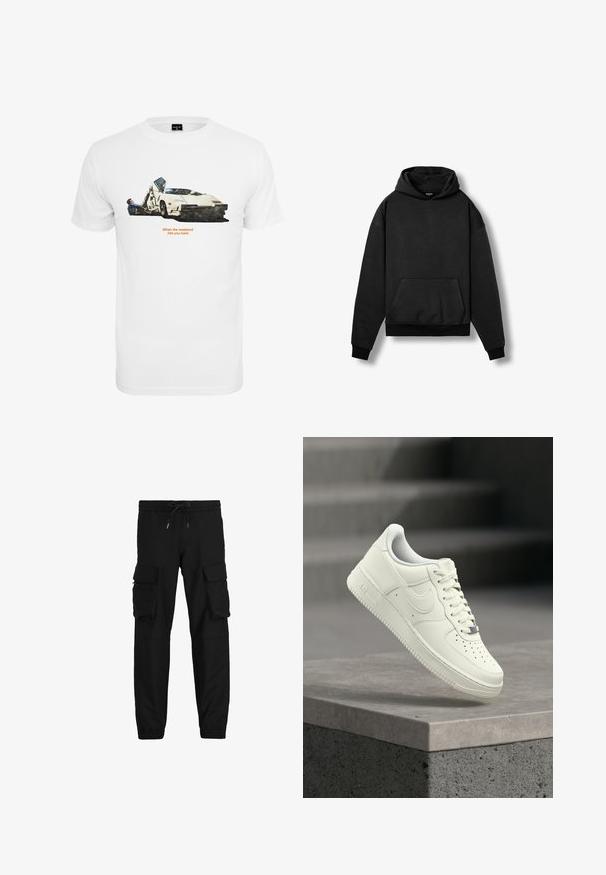 Sort pullover-hoodie med forlommel og ribbede manchetter, vist fladt på hvid baggrund.; Hvid bomulds T-shirt med en bilillustration med to figurer, tekst der siger "Når weekenden rammer dig hårdt," og sat mod en simpel baggrund.; Sorte cargo bukser lavet af en blanding af bomuld med elastisk talje, smalle bukseben og to store sidelommer med klapper.; Hvid lædersneaker med lavprofildesign, tekstureret overflade, perforeringer på tåen og sølvfarvede detaljer på snørebånd og mærkning.