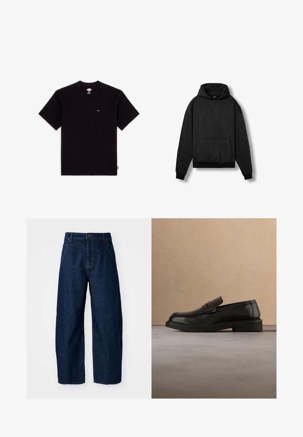 Sort pullover-hoodie med forlommel og ribbede manchetter, vist fladt på hvid baggrund.; Sort bomulds T-shirt med korte ærmer, rund halsudskæring, har et lille logo mærke på brystet og et enkelt design uden mønstre eller accenter.; Bredde ben mørk denim jeans med høj talje, som har fem lommer, knaplukning foran og synlige syninger.; Sort læderloafer svæver over et beige flettet tæppe med et rundt træbord og en sofa i baggrunden.