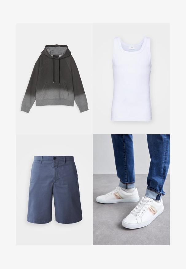 Grå hætte sweatshirt med en gradient design fra mørk til lys, med en kengurulomme, snoretræk i hætten og ribbede manchetter.; Hvid bomulds ærmeløs tanktop med rund halsudskæring, der har en glat tekstur og en tætsiddende pasform, designet til casual brug.; Marineblå bomulds shorts med flad front, enkelt knaplukning, to sidelommer og lige ben. Glat tekstur, ingen synlige mønstre.; Hvide lædersneakers med multicolore striber, snørebåndsdesign, gummisål og polstret krave, parret med blå denimjeans.