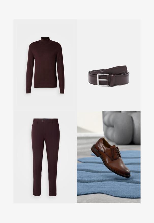 Pull à col roulé bordeaux en tissu tricoté doux, avec des manches longues, un corps ajusté et des poignets et un ourlet côtelés. Texture lisse, design minimal.; Pantalons bourgogne foncé à coupe slim, avec une fermeture à bouton, des passants de ceinture et des plis à l'avant. Tissu lisse avec un design élégant.; Chaussure habillée en cuir marron avec lacets posée sur un tapis bleu texturé, avec un canapé gris flou en arrière-plan.; Ceinture en cuir marron avec une finition lisse, dotée d'une boucle en métal argenté. La ceinture est plate et effilée à une extrémité, avec des coutures visibles.