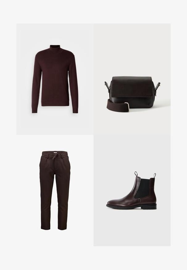 Suéter de cuello alto burdeos en un tejido de punto suave, con mangas largas, cuerpo ajustado y puños y dobladillo acanalados. Textura suave, diseño minimalista.; Pantalones de chándal marrones con cintura ajustable, piernas estrechas y bolsillos laterales; fabricados en un tejido suave y texturizado.; Botín Chelsea de cuero marrón con paneles laterales elásticos, lengüetas de tira, textura suave, puntera redondeada y suela de goma.; Bolso bandolera de cuero marrón oscuro con cierre de solapa y correa de tela ajustable sobre fondo blanco.