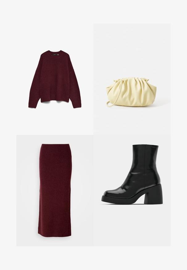 Donker bordeauxrode crew neck lange mouwen gebreide trui met rib gebreide manchetten en zoom, plat weergegeven op een witte achtergrond.; Bordeaux wollen maxi-rok met een aansluitende silhouet, een gladde textuur en een rechte zoom. Geen zichtbare sluitingen of versieringen.; Zwarte enkellaarzen met een glanzende afwerking, vierkante neus en een dikke blokhak. Het ontwerp heeft een naadloze silhouet en minimale branding.; Geel geplooide handtas van soepel nepleer, met een zachte vorm, een enkele schouderriem en een verzameld ontwerp aan de bovenkant.