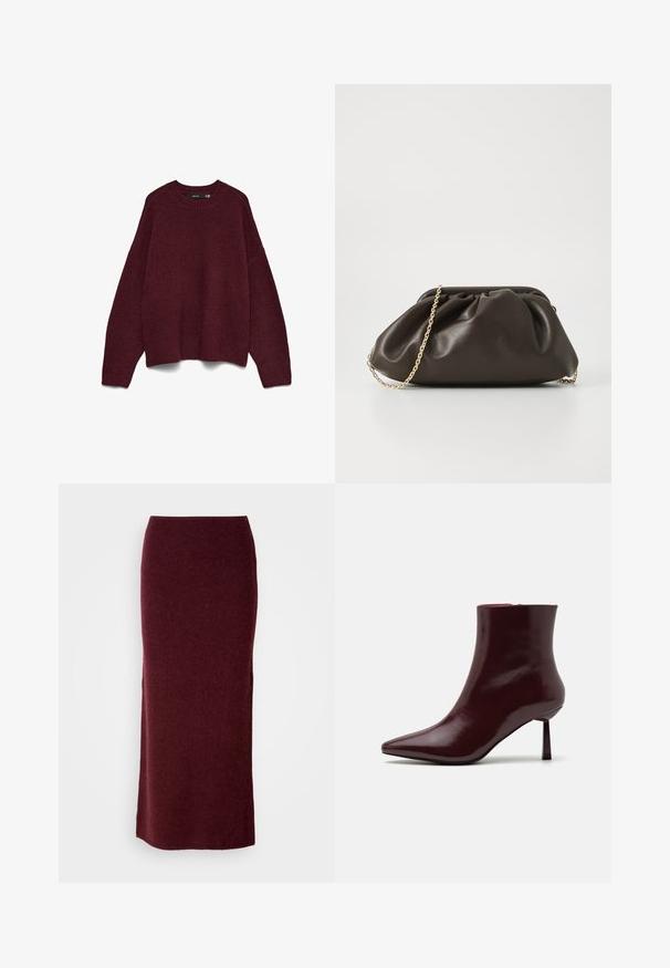 Donker bordeauxrode crew neck lange mouwen gebreide trui met rib gebreide manchetten en zoom, plat weergegeven op een witte achtergrond.; Bordeaux wollen maxi-rok met een aansluitende silhouet, een gladde textuur en een rechte zoom. Geen zichtbare sluitingen of versieringen.; Bordeaux patentleren enkelboot met een spitse neus en een slanke stilettohak, met een gladde, glanzende textuur en een minimalistisch ontwerp.; Bruine leren handtas met een geaccentueerd ontwerp, gouden kettinghengsel en een zachte, textuurafwerking. Compacte vorm geschikt voor avondgebruik.