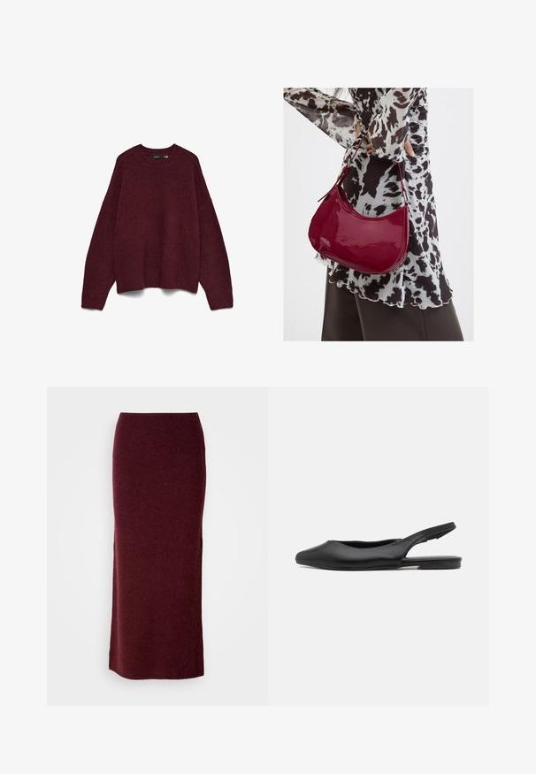 Donker bordeauxrode crew neck lange mouwen gebreide trui met rib gebreide manchetten en zoom, plat weergegeven op een witte achtergrond.; Bordeaux wollen maxi-rok met een aansluitende silhouet, een gladde textuur en een rechte zoom. Geen zichtbare sluitingen of versieringen.; Zwarte leren slingback schoen met een spitse neus, platte hak en gebogen uitsnijdingen. Glad textuur en minimalistische stijl.; Vrouw met een zwart-wit gebloemde blouse houdt een glanzende rode schoudertas vast tegen een effen achtergrond.