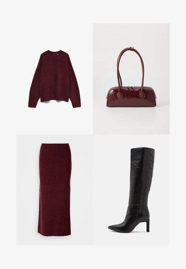 Donker bordeauxrode crew neck lange mouwen gebreide trui met rib gebreide manchetten en zoom, plat weergegeven op een witte achtergrond.; Bordeaux wollen maxi-rok met een aansluitende silhouet, een gladde textuur en een rechte zoom. Geen zichtbare sluitingen of versieringen.; Knee-high zwarte leren stiletto laarzen met een spitse neus en een gladde textuur. De hak is blokstijl, wat stabiliteit aan het ontwerp toevoegt.; Bordeaux leren handtas met een gebogen vorm, dubbele handvatten, ritssluiting en subtiele stiksels. Gladde, hoogglanzende afwerking.