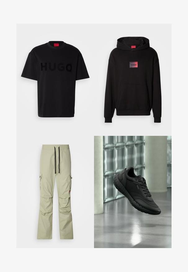 Sort hættetrøje lavet af blødt stof, med en front kangaroo-lomme og et rektangulært logo i rød og sort på brystet.; Sort bomulds t-shirt med korte ærmer, rund hals, med et stort, blankt sort "HUGO" logo på forsiden. Glat tekstur.; Lys grønne cargo bukser med en afslappet pasform, elastisk talje, sort snøre, to sidelommer og diskrete syninger.; Sort BOSS-sneaker med tekstureret sål, mesh og læderoverdel, flydende indendørs foran baggrund af glasblokke og betonpiller.
