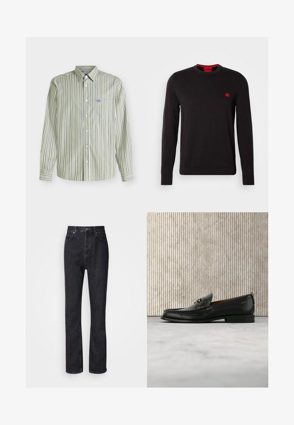 Pull ras du cou noir en tissu doux, avec des manches longues, des poignets côtelés et un petit patch logo rouge sur la poitrine.; Chemise à manches longues avec boutons, rayures verticales noires et blanches sur tissu vert clair, avec un petit logo bleu Hugo sur la poche poitrine.; Jean en denim noir taille haute avec fermeture à bouton et à glissière, poches avant et arrière, et coupe droite.; Mocassin en cuir noir avec mors en métal doré et logo "HUGO", présenté sur un tapis beige et un meuble translucide marron.