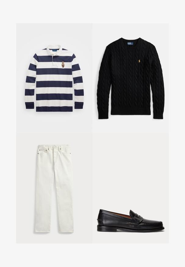 Čierny sveter s pleteným vzorom, okrúhlym výstrihom a dlhými rukávmi, s malým žltým logom Polo Ralph Lauren na ľavej strane hrudníka.; Polo Ralph Lauren CLASSIC FIT POLO BEAR RUGBY SHIRT - Top s dlhým rukávom - blu; Biele džínsové nohavice so strižením rovného strihu, s piatimi vreckami, kovovými gombíkmi a švovými akcentmi. Hladká textúra.; Čierny kožený mokasín s nízkym podpätkom a detailom s penny remienkom, zobrazený z boku na svetlosivom pozadí.