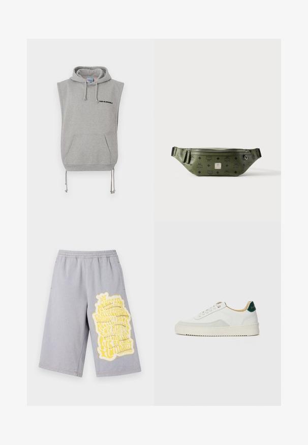 Ærmeløs grå hoodie lavet af bomuldsblandet stof. Har en frontlomme, justerbare snøretræk og sort trykt tekst nær halsudskæringen.; Grå bomuldsshorts med elastisk talje, udstyret med et stort gult grafisk tryk og slidte kanter på venstre ben.; Hvide sneakers med ruskindsdetaljer, rund tå, flade snørebånd og en cremet gummisål. Har grøn branding på hælen.; Olivengrøn tekstureret læder talletaske med sorte logoer, sølv lynlås, dobbelt lynlåstræk og central sølv brandplade.