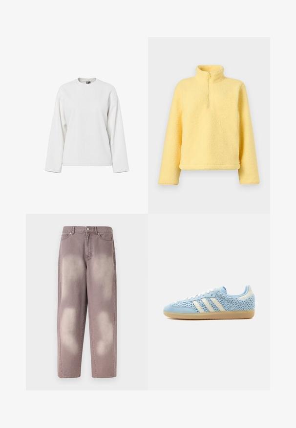 Jersey de forro polar amarillo suave con mangas largas, cuello alto y una cremallera parcial en el centro delantero.; Sudadera blanca de manga larga con cuello redondo, ajuste relajado y textura suave. Sin patrones visibles ni detalles de hardware.; Vaqueros de mezclilla púrpura desvanecidos con cintura alta, cierre de botones y dos bolsillos delanteros, mostrados sobre un fondo liso.; Zapatilla baja con parte superior tejida en azul claro, rayas blancas, cordones blancos, puntera de ante azul claro y suela de goma color caramelo.