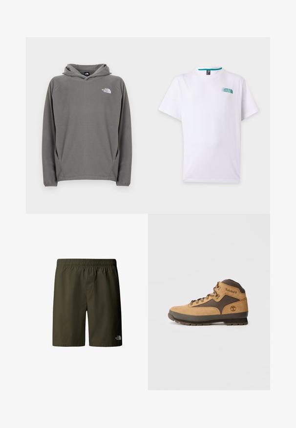 Grå fleece-hættetrøje med frontlomme, justerbar snøre i hætten og et lille hvidt logo på venstre bryst.; Hvid t-shirt med korte ærmer, med lille turkis The North Face-logo på venstre bryst og rund halsudskæring.; Olivenfarvede cargo shorts med elastisk talje og snøre, der har et lille logo på nederste højre side. Glat, let materiale.; Brune ruskind vandrestøvle med mørkebrune accenter, metaløjer og sål med godt greb. Timberland-logo præget på siden. Mellemhøj design.
