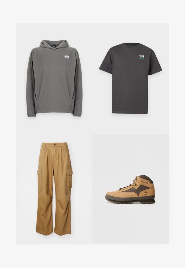 Grå fleece-hættetrøje med frontlomme, justerbar snøre i hætten og et lille hvidt logo på venstre bryst.; Mørkegrå kortærmet t-shirt med rund hals og lille hvidt og grønt "The North Face 1966" logo på øverste venstre bryst.; Tan cargo bukser med lige ben design, der har to sidelommer og knaplukning. Fremstillet af et blødt, holdbart stof.; Brune ruskind vandrestøvle med mørkebrune accenter, metaløjer og sål med godt greb. Timberland-logo præget på siden. Mellemhøj design.