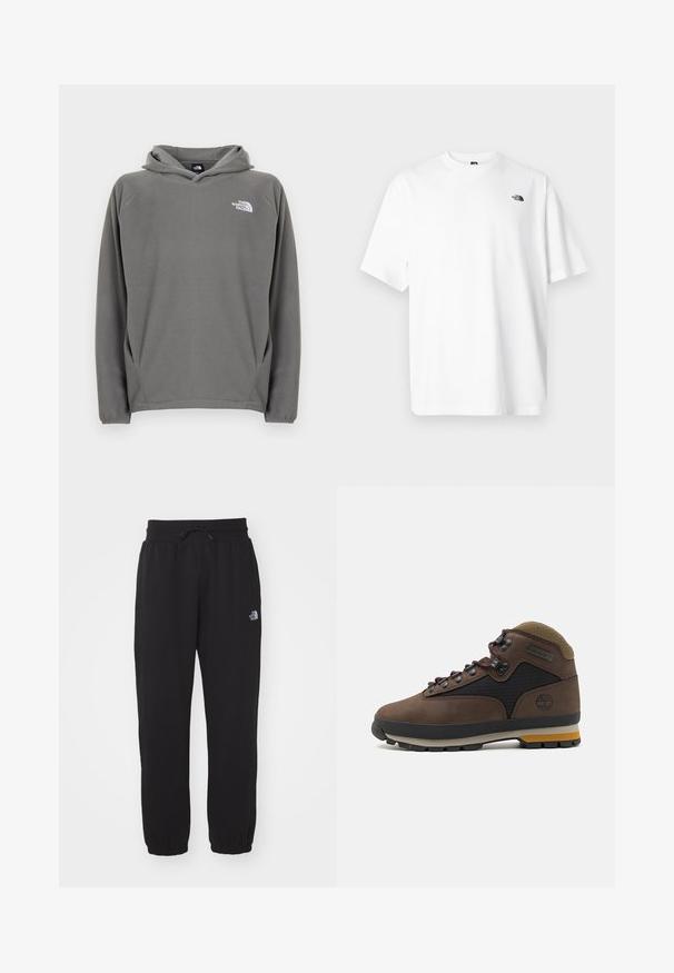 Grå fleece-hættetrøje med frontlomme, justerbar snøre i hætten og et lille hvidt logo på venstre bryst.; Hvid bomuld t-shirt med korte ærmer, V-udskæring, med en lille sort logo på øverste venstre side. Blød tekstur, afslappet pasform.; Sorte sweatpants lavet af blødt stof, med en elastisk talje med snor, manchetter ved anklerne og et lille logo på det øverste lår.; Brun vandrestøvle med et design i ruskind og mesh, der har metaløjer, lilla snørebånd og en gummisål med gule accenter.