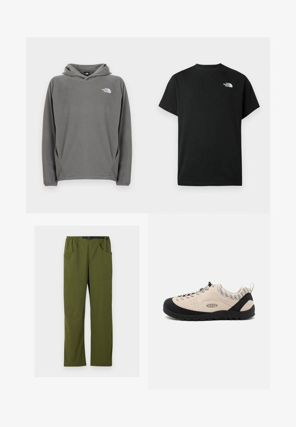 Grijze fleece hoodie met een voorzak, verstelbare capuchon met trekkoord en een klein wit logo op de linkerborst.; Zwart t-shirt met korte mouwen gemaakt van katoen. Voorzien van een wit logo op de linkerborst. Eenvoudige snit met een ronde halslijn en minimale ontwerpdetails.; Olijfgroene rechte broek met elastische tailleband en zwarte verstelbare gesp, voor- en zijzakken, detail met naad aan de voorkant.; Beige suède schoen met zwarte rubberen neuzen en zool, voorzien van een vetersluiting en ademende mesh accenten op de hiel.