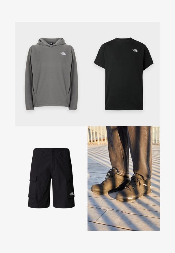 Grå fleece-hættetrøje med frontlomme, justerbar snøre i hætten og et lille hvidt logo på venstre bryst.; Sort t-shirt med korte ærmer lavet af bomuld. Har en hvid logo på venstre bryst. Enkelt snit med rund halsudskæring og minimalt design.; Sorte cargo shorts lavet af letvægtsstof, med to sidelommer, to cargo-lommer og et mærke-logo på det nederste højre ben.; Sorte Timberland vandrestøvler har et højt design, struktureret overflade og runde snørebånd, sat mod en trægulv baggrund.