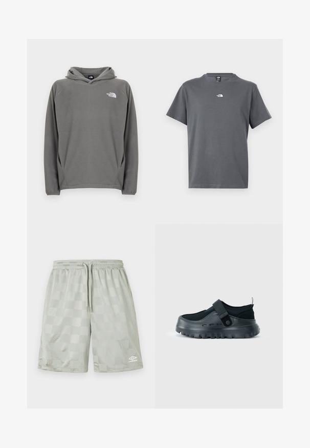 Grå fleece-hættetrøje med frontlomme, justerbar snøre i hætten og et lille hvidt logo på venstre bryst.; Grå T-shirt med korte ærmer og rund hals med lille hvid The North Face-logo centreret på brystet.; Umbro FOOTBALL SHORT - Træningsbukser - harbor mist; Sort slip-on sko med tyk rillede sål, justerbar rem over vristen og trækkefane ved hælen.