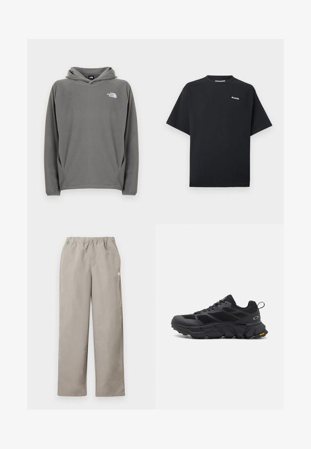 Sudadera gris de forro polar con bolsillo frontal, capucha con cordón ajustable y un pequeño logo blanco en el área del pecho izquierdo.; Camiseta negra de manga corta con pequeño logo blanco de Columbia en la parte superior izquierda del pecho, cuello redondo y corte holgado.; Pantalones beige de corte recto con cinturilla elástica y un pequeño logo blanco en la costura lateral derecha.; Zapatos deportivos negros con una suela gruesa, parte superior de malla y sintético, acentos texturizados y marca Vibram en la suela exterior.