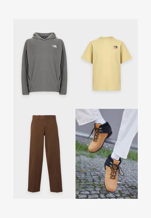 Sweat à capuche en polaire grise avec une poche avant, une capuche à cordon de serrage ajustable et un petit logo blanc sur le côté gauche de la poitrine.; T-shirt beige à manches courtes avec un petit logo « The North Face 1966 » noir et rose sur la poitrine, côté gauche.; Pantalon marron à jambes droites avec fermeture à boutons et zip, passants pour ceinture et poches latérales, présenté sur un fond clair.; Bottes de randonnée marron et noires avec une tige en suède, œillets dorés et lacets à motifs, exposées sur une rambarde sur des pavés. Chaussettes blanches visibles.