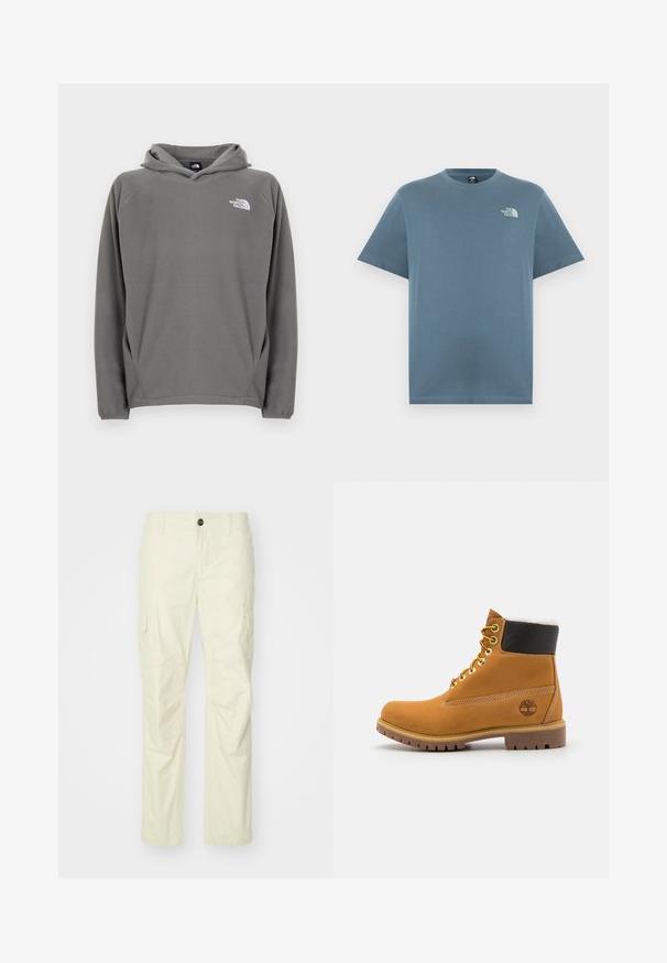 Sudadera gris de forro polar con bolsillo frontal, capucha con cordón ajustable y un pequeño logo blanco en el área del pecho izquierdo.; Camiseta azul de manga corta y cuello redondo con pequeño logo blanco de The North Face en el lado izquierdo del pecho.; Pantalones cargo beige hechos de una tela ligera, con bolsillos laterales, cierre de botón y piernas rectas. Textura suave con costuras ajustadas.; Botín de cuero marrón con ojales de metal, forro de piel sintética blanca, cuello acolchado negro, suela resistente y logotipo en relieve en el costado.