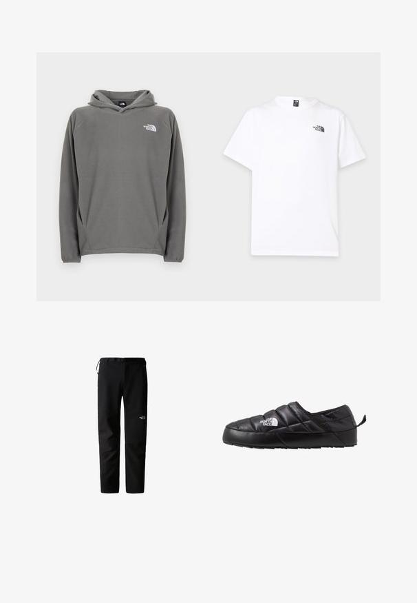 Grijze fleece hoodie met een voorzak, verstelbare capuchon met trekkoord en een klein wit logo op de linkerborst.; Wit T-shirt met korte mouwen, ronde hals en klein zwart The North Face-logo op de bovenste linkerborst.; Zwarte outdoorbroek met een strak ontwerp, gemaakt van een duurzame, lichtgewicht stof. Voorzien van een riem, zijzakken en een logo op de dij.; Zwarte instapschoen met een gequilt ontwerp, gemaakt van gevoerd materiaal. Heeft een gestructureerde rubberen zool en een klein trekkoord aan de achterkant.