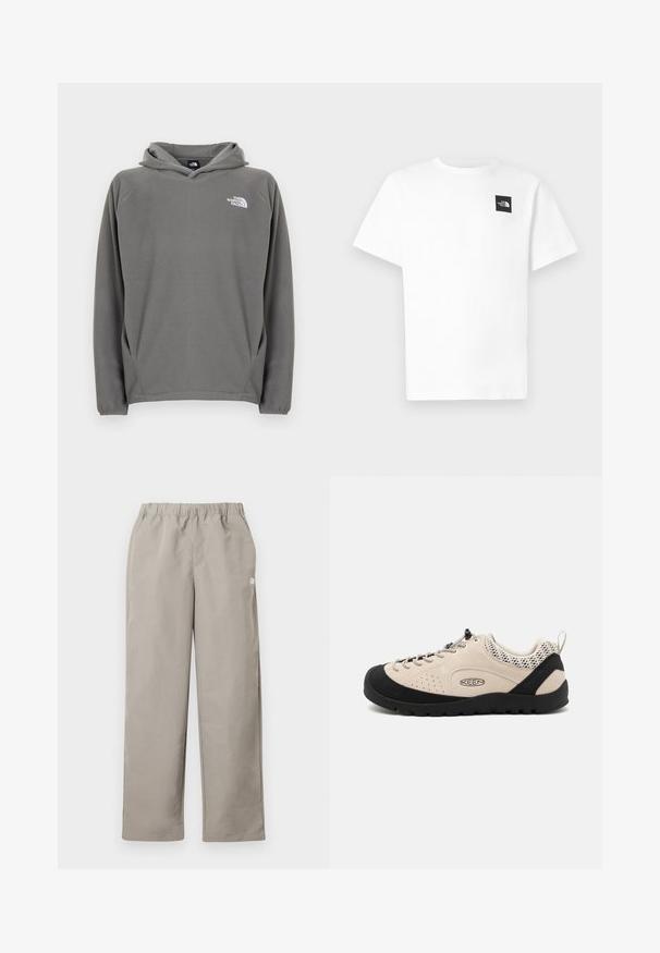 Grijze fleece hoodie met een voorzak, verstelbare capuchon met trekkoord en een klein wit logo op de linkerborst.; Wit katoenen T-shirt met korte mouwen, voorzien van een zwart vierkant logo op de linkerborst en een ronde hals.; Beige rechte broek met elastische tailleband en een klein wit logo op het rechter zijnnaad.; Beige suède schoen met zwarte rubberen neuzen en zool, voorzien van een vetersluiting en ademende mesh accenten op de hiel.
