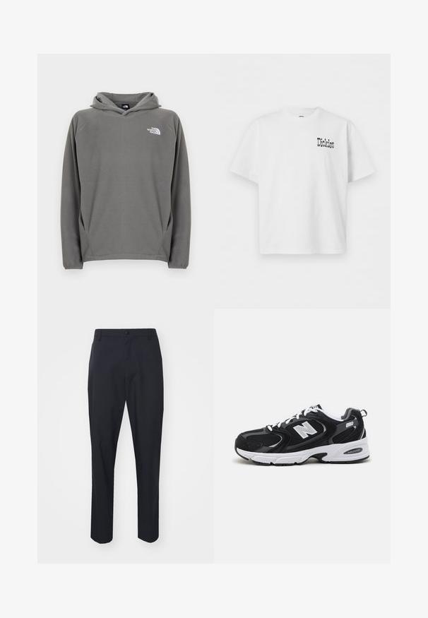 Grauer Fleece-Kapuzenpullover mit Fronttasche, verstellbarem Kordelzug an der Kapuze und kleinem weißem Logo auf der linken Brustseite.; Weißes T-Shirt mit kurzen Ärmeln und Rundhalsausschnitt, mit kleinem schwarzem "Dickies"-Logo auf der oberen linken Brust.; Schwarze Hosen mit glatter Textur, geradem Bein Design, Knopfverschluss und Gürtelschlaufen. Keine sichtbaren Muster oder Akzente.; Schwarze und graue Sportschuhe mit Obermaterial aus Mesh und Wildleder, ausgestattet mit einer weißen Zwischensohle, Schnürsenkeln und einem markanten "N"-Logo an der Seite.