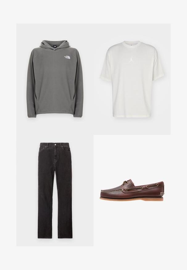 Gray fleece hoodie featuring a front pocket, adjustable drawstring hood, and a small white logo on the left chest area.; White cotton t-shirt with a round neckline, short sleeves, and a small embroidered logo in the center. Loose-fit design with minimal stitching.; Black straight-leg corduroy trousers with front button, belt loops, and five-pocket styling on a white background.; Brown leather boat shoe with white stitching, lace details, and tan rubber sole, shown from the side on a white background.