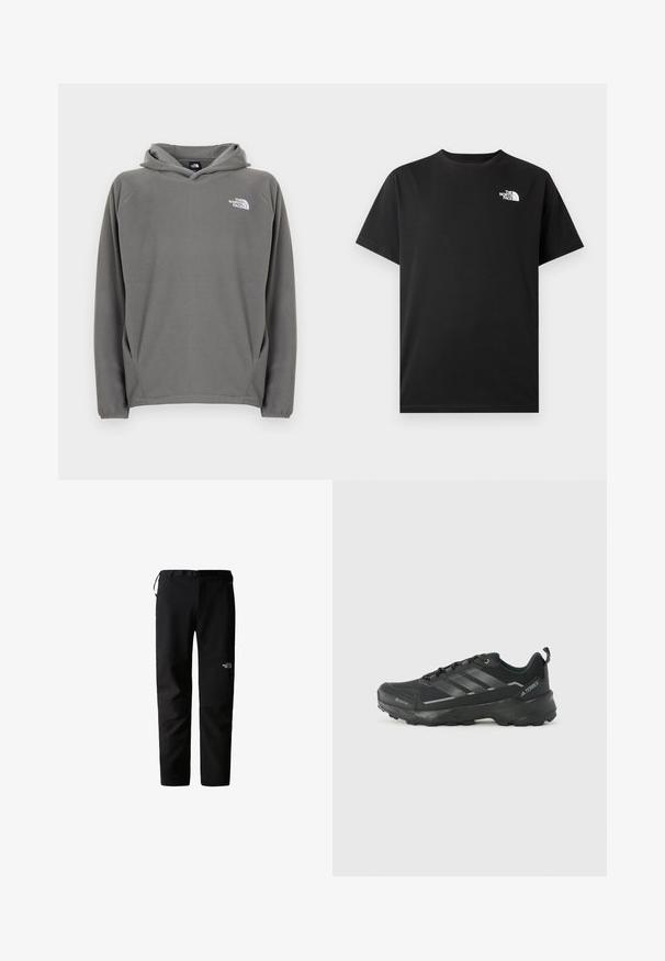 Grauer Fleece-Kapuzenpullover mit Fronttasche, verstellbarem Kordelzug an der Kapuze und kleinem weißem Logo auf der linken Brustseite.; Schwarzes Baumwoll-T-Shirt mit kurzen Ärmeln, rundem Halsausschnitt und einem kleinen weißen Logo auf der linken Brustseite. Glatte Textur, reguläre Passform.; Schwarze Outdoor-Hosen mit schlankem Design, gefertigt aus einem strapazierfähigen, leichten Stoff. Mit Gürtel, Seitentaschen und einem Logo am Oberschenkel.; Schwarzer Sportschuh mit einem strukturierten Obermaterial aus Stoff, drei silbernen Streifen, verstärkter Zehenpartie und einer robusten Gummisohle für besten Halt.