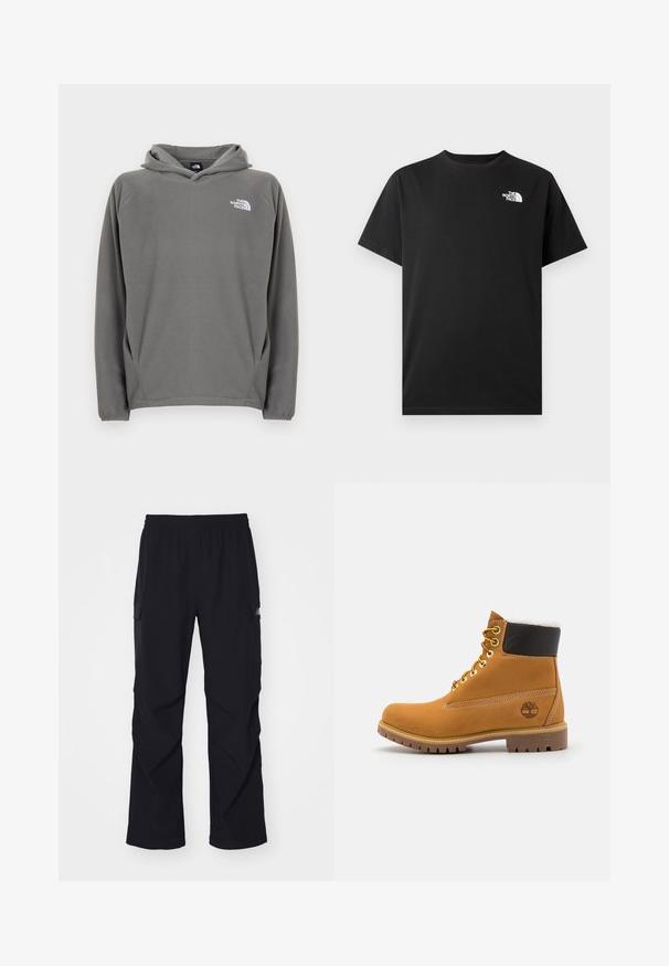 Grå fleece-hættetrøje med frontlomme, justerbar snøre i hætten og et lille hvidt logo på venstre bryst.; Sort bomuld T-shirt med korte ærmer, rund halsudskæring og en lille hvid logo på venstre brystområde. Glat tekstur, standard pasform.; Sorte cargo bukser lavet af let materiale, med elastisk talje, sidelommer og lige ben design.; Brune læder ankelstøvle med metaløjer, hvid pelsforing, sort polstret krave, robust sål og præget logo på siden.