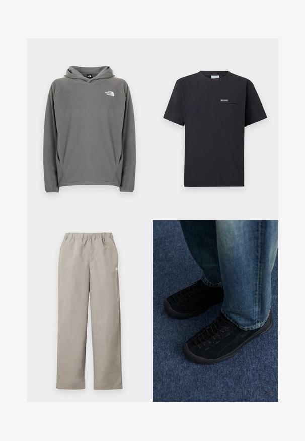 Grå fleece-hættetrøje med frontlomme, justerbar snøre i hætten og et lille hvidt logo på venstre bryst.; Sort kortærmet Columbia T-shirt med brystlomme med lynlås og lille logo patch, vist på en hvid baggrund.; Beige bukser med lige ben, elastisk talje og en lille hvid logo på højre sidesøm.; Sorte ruskindssneakers med tekstureret overflade, diskret snøring og holdbare gummisåler, parret med blå denim jeans.