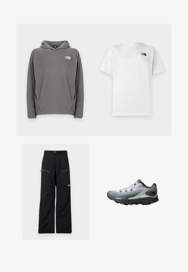 Sweat à capuche en polaire grise avec une poche avant, une capuche à cordon de serrage ajustable et un petit logo blanc sur le côté gauche de la poitrine.; T-shirt en coton blanc à manches courtes et col rond. Présente un petit logo noir sur le côté gauche supérieur. Texture lisse.; Pantalon de plein air noir avec ceinture ajustable, deux poches cuisses zippées et le logo The North Face sur la jambe droite.; Chaussure de trail running avec un schéma de couleurs gris et noir, tige en mesh, semelle robuste et accents texturés pour une meilleure adhérence.