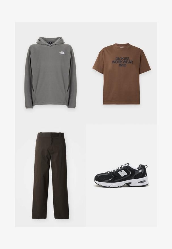 Grå fleece-hættetrøje med frontlomme, justerbar snøre i hætten og et lille hvidt logo på venstre bryst.; Brun T-shirt med korte ærmer og sort tekst "DICKIES WORKWEAR 1922" trykt på brystet, vist på en hvid baggrund.; Sorte bomuldsbukser med et lige ben-design, der har en knaplukning og et klassisk taljehåndter. Glat tekstur, ingen mønstre eller accenter.; Sorte og grå sportssko med mesh og ruskind på overdelen, der har en hvid mellemsål, snørebånd og et iøjnefaldende "N" logo på siden.
