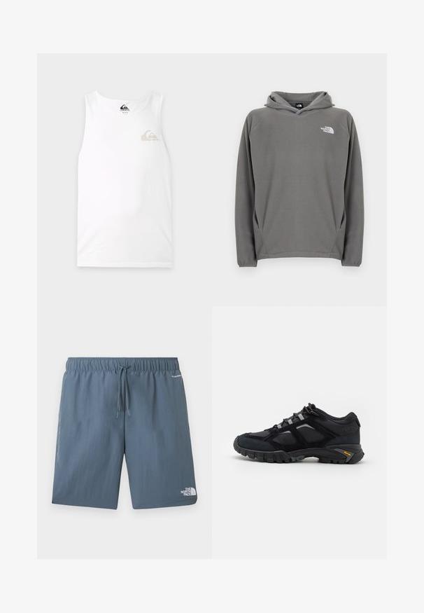 Sweat à capuche en polaire grise avec une poche avant, une capuche à cordon de serrage ajustable et un petit logo blanc sur le côté gauche de la poitrine.; Débardeur blanc sans manches avec un petit logo Quiksilver gris et beige sur le côté gauche de la poitrine et une étiquette à l'intérieur de l'encolure.; Shorts à taille élastique bleue avec cordon de serrage, logo The North Face sur la jambe gauche, et texte « FLASHDRY » près de la poche droite.; Chaussure extérieure noire en daim et en maille avec une semelle robuste. Présente des accents gris et une marque Vibram sur le côté. Design à lacets.