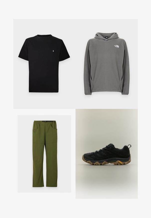 Sweat à capuche en polaire grise avec une poche avant, une capuche à cordon de serrage ajustable et un petit logo blanc sur le côté gauche de la poitrine.; T-shirt en coton noir avec encolure ronde et manches courtes ; présente un petit logo blanc sur le côté gauche de la poitrine. Texture lisse, coupe régulière.; Pantalon droit vert olive avec taille élastique et ceinture noire ajustable à boucle, poches avant et latérales, détail coutures avant.; Chaussure de randonnée noire avec semelle Vibram marron texturée et languette au talon, présentée de profil sur fond neutre.