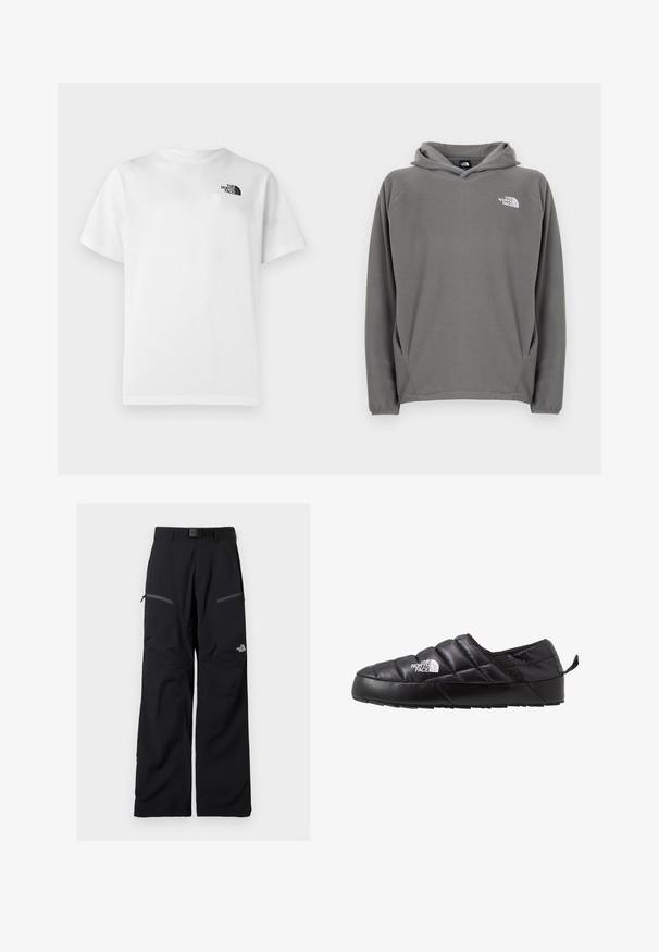 Gray fleece hoodie featuring a front pocket, adjustable drawstring hood, and a small white logo on the left chest area.; White cotton t-shirt with short sleeves and a crew neckline. Features a small black logo on the upper left side. Smooth texture.; Black outdoor pants with adjustable belt, two zippered thigh pockets, and The North Face logo on the right leg.; Black slip-on shoe with a quilted design, made from padded material. Features a textured rubber sole and a small pull tab at the back.