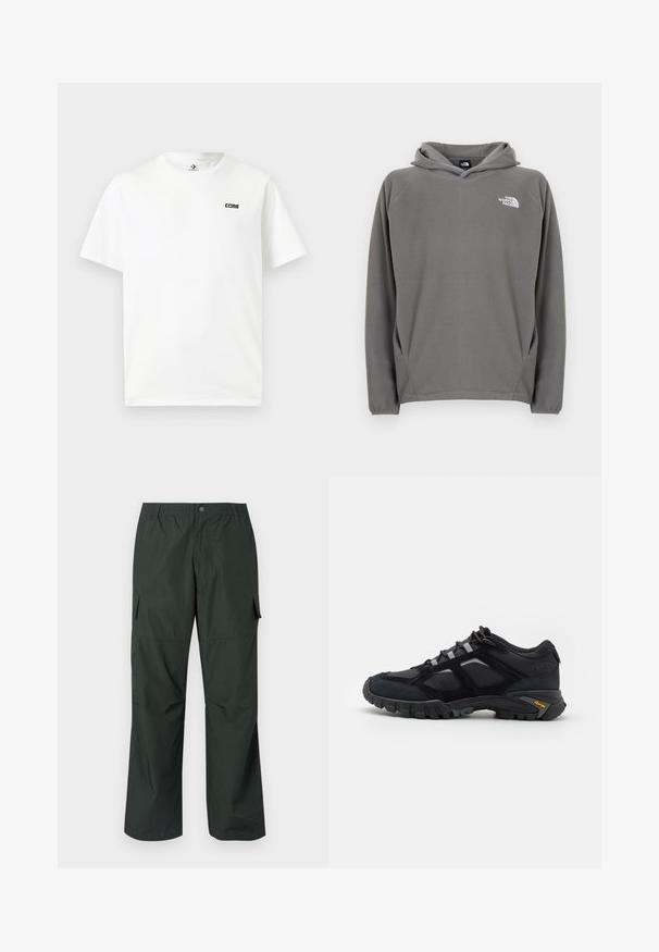 Sweat à capuche en polaire grise avec une poche avant, une capuche à cordon de serrage ajustable et un petit logo blanc sur le côté gauche de la poitrine.; T-shirt blanc à manches courtes et col rond avec petit logo noir "CONS" sur le côté gauche de la poitrine.; Pantalons cargo vert foncé avec une coupe décontractée, une taille élastique, des poches cousues et une texture de tissu lisse et léger.; Chaussure extérieure noire en daim et en maille avec une semelle robuste. Présente des accents gris et une marque Vibram sur le côté. Design à lacets.