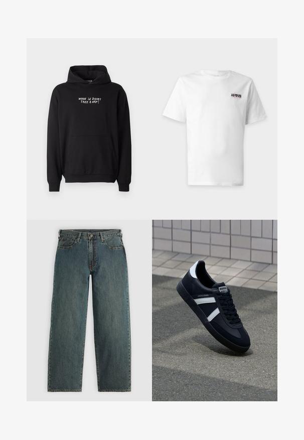 Sort hættetrøje med lomme foran og hvid tekst på brystet, der lyder "NÅR DU TVIVLER, TAG EN LUR!" i store bogstaver.; Hvid T-shirt med korte ærmer med lille sort og pink tekstdesign på venstre brystområde.; Mørkeblå straight-leg denim jeans med knap- og lynlås-lukning, forlommer og bæltestropper på en lys grå baggrund.; Sort lædersneaker med hvide striber, tekstureret gummisål og snørrebånd foran. Har et brandet mærke på tungen.
