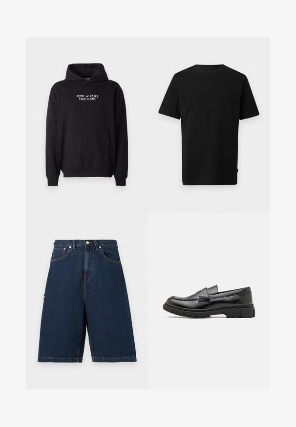 Zwarte hoodie met voorzak en witte tekst op de borst met de woorden "WHEN IN DOUBT TAKE A NAP!" in hoofdletters.; Zwart T-shirt met korte mouwen en een ronde hals, voorzien van een klein subtiel logo op de linkerborst en een klein labeltje in de zijnnaad.; Donkerblauwe denim shorts met een losse pasvorm, voorzien van twee voorzakken en een achterzak, afgewerkt met oranje stikselaccenten.; Zwarte leren instapper met een brede band over de voet, rubberen zool met dikke noppen en een gladde textuur. Klassiek, strak ontwerp.