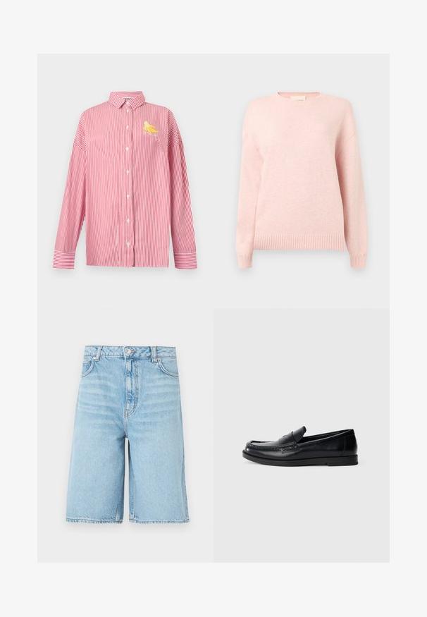 Pull doux rose pâle à col rond avec manches longues et poignets et ourlet côtelés, présenté sur un fond gris clair uni.; Chemise à rayures verticales rouges et blanches, manches longues, avec boutons, col et petit motif banane jaune sur la poitrine gauche.; Shorts en denim bleu clair longueur genou avec bouton à l'avant, fermeture éclair, passants pour ceinture et poches latérales sur fond blanc.; Mocassins en cuir noir avec un design d'accent cousu, bout rond, semelle plate en caoutchouc et finition lisse. Silhouette classique et polyvalente.