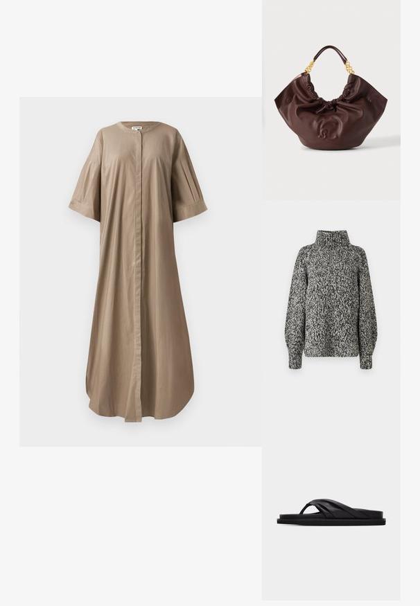 Pull en tricot noir et blanc avec un col montant, des poignets côtelés et un motif texturé. Il comporte deux boutons sur le col.; Robe midi beige en coton avec un col rond, des manches courtes et larges, et une fermeture à boutons sur le devant. Texture lisse et coupe décontractée.; Sandale plate noire avec bride croisée rembourrée et entre-doigt, design minimaliste sur fond gris clair uni.; Sac hobo en cuir marron foncé avec haut froncé, chaîne dorée et anse en cuir, et logo double C entrelacé embossé au centre devant.