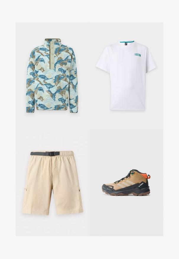 Pull polaire avec motif abstrait de montagnes en bleu, beige et crème, patte à boutons-pression, poche poitrine zippée et logo Columbia Sportswear.; T-shirt blanc à manches courtes avec un petit logo turquoise The North Face sur le côté gauche de la poitrine et un col rond.; Shorts cargo beige longueur genou avec taille élastique, ceinture noire réglable à boucle, et poches latérales zippées sur un fond clair.; Botte de randonnée marron et noire avec des panneaux en mesh, trois bandes blanches, un renfort au niveau des orteils et une semelle en caoutchouc texturée pour une meilleure adhérence.