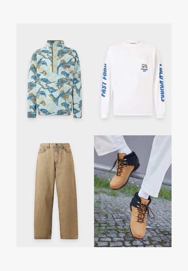 Fleecepullover mit blauem, beige und cremefarbenem abstraktem Bergmuster, Druckknopfleiste, Brust-Reißverschlusstasche und Columbia Sportswear Logo.; Weißes Langarmshirt aus Baumwolle. Verziert mit blauem Text auf den Ärmeln und einer Tasche mit einer Grafik eines Food Trucks und der Aufschrift "Carhartt WIP."; Beige Denim-Jeans mit geradem Bein, ausgestattet mit einem Reißverschluss, Gürtelschlaufen und kontrastierenden Nähten. Keine auffälligen Muster oder Hardware-Details.; Braune und schwarze Wanderschuhe mit Obermaterial aus Wildleder, goldenen Ösen und gemusterten Schnürsenkeln, die auf einem Geländer über Kopfsteinpflaster ausgestellt sind. Weiße Socken sind sichtbar.