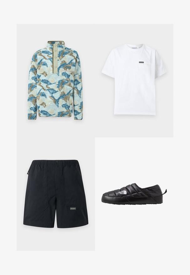 Pull polaire avec motif abstrait de montagnes en bleu, beige et crème, patte à boutons-pression, poche poitrine zippée et logo Columbia Sportswear.; T-shirt blanc à manches courtes et col rond avec petite poche poitrine ornée d'un écusson logo Columbia noir.; Shorts noirs légers avec taille élastique, poches avant, fermeture par bouton et petit logo Columbia sur la jambe inférieure droite.; Chaussure noire à enfiler avec un design matelassé, fabriquée en matériau rembourré. Elle présente une semelle en caoutchouc texturée et une petite languette à l'arrière.