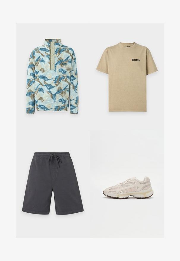 Pull polaire avec motif abstrait de montagnes en bleu, beige et crème, patte à boutons-pression, poche poitrine zippée et logo Columbia Sportswear.; T-shirt en coton beige avec un col rond et des manches courtes. Présente un logo noir "DICKIES" sur le côté gauche de la poitrine. Texture lisse.; Shorts gris foncé longueur genou avec taille élastique et cordon de serrage à l'avant, en tissu doux.; Chaussure de sport beige clair avec tige en maille, accents texturés et détails dorés. Dispose d'une semelle intermédiaire blanche épaisse et d'une semelle extérieure en caoutchouc.