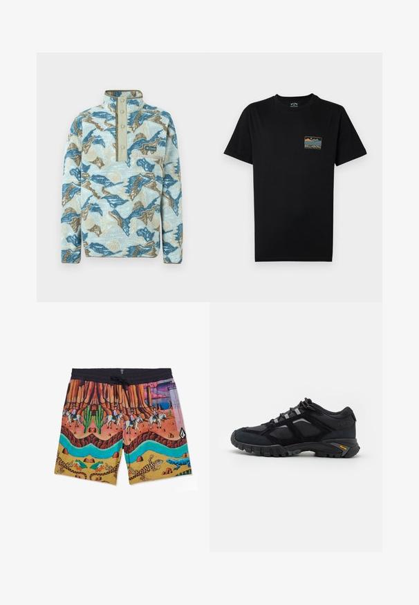 Pull polaire avec motif abstrait de montagnes en bleu, beige et crème, patte à boutons-pression, poche poitrine zippée et logo Columbia Sportswear.; T-shirt noir à manches courtes avec un petit graphique multicolore de montagne et d'océan, ainsi que le texte « BILLABONG Adventure division » sur le côté gauche de la poitrine.; Short coloré avec un décor désertique comprenant des cow-boys à cheval, des cactus, des lézards, des grenouilles et une rivière bleue sinueuse sous une ceinture noire.; Chaussure extérieure noire en daim et en maille avec une semelle robuste. Présente des accents gris et une marque Vibram sur le côté. Design à lacets.