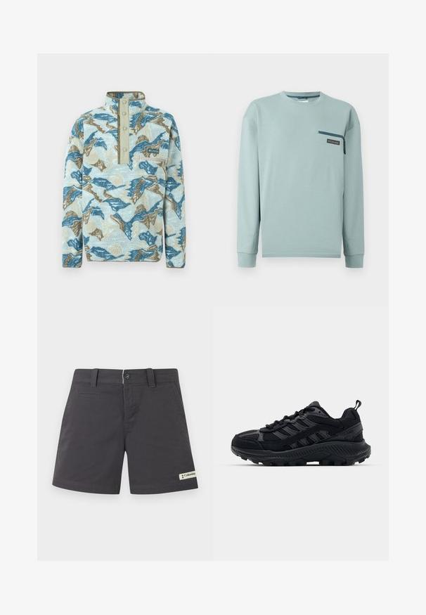 Pull polaire avec motif abstrait de montagnes en bleu, beige et crème, patte à boutons-pression, poche poitrine zippée et logo Columbia Sportswear.; Chemise bleu clair à manches longues avec col rond et petite poche poitrine zippée avec un patch logo Columbia sur le côté droit.; Shorts décontractés gris foncé à devant plat avec passants pour ceinture, fermeture à bouton sur le devant, poches obliques, et patch logo Columbia sur l'ourlet de la jambe gauche.; Chaussures de sport noires avec une tige en mesh texturé et en suède, bout renforcé et semelle extérieure robuste. Présente un design à lacets et une languette.
